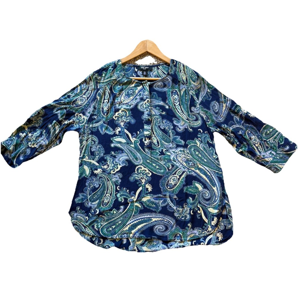 Nine West XL Top Navy/Yellow Paisley Round Neck 3/4 Sleeve Partial Button Front